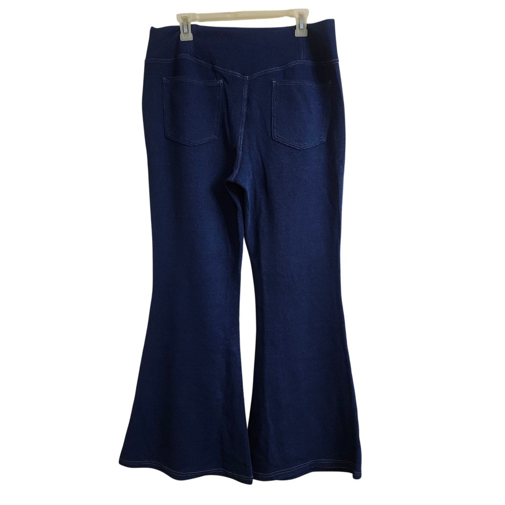 Halara XL Navy Blue Waffle Knit Crossover High Waist Flare Leg Pants Denim Like - Picture 3 of 16